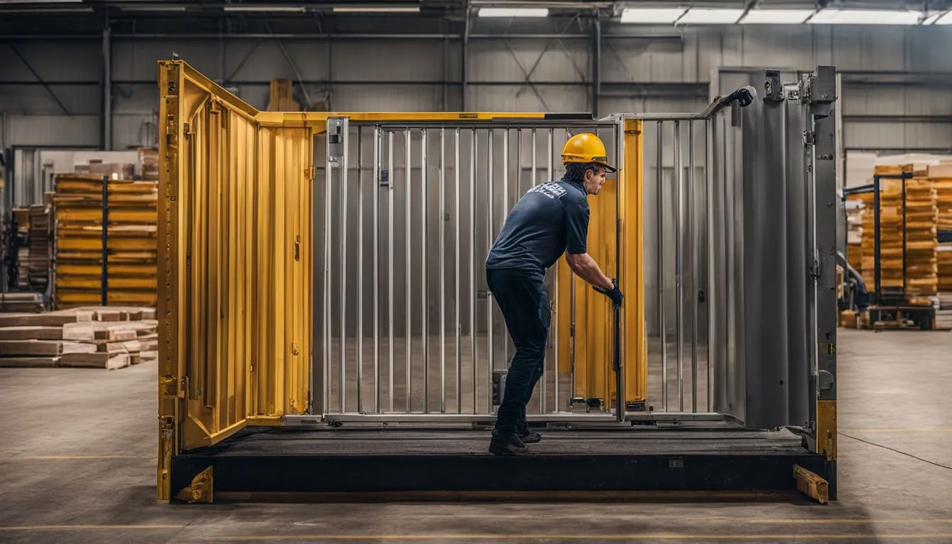 A worker in a yellow hard hat manually operates a large yellow and silver industrial gate
