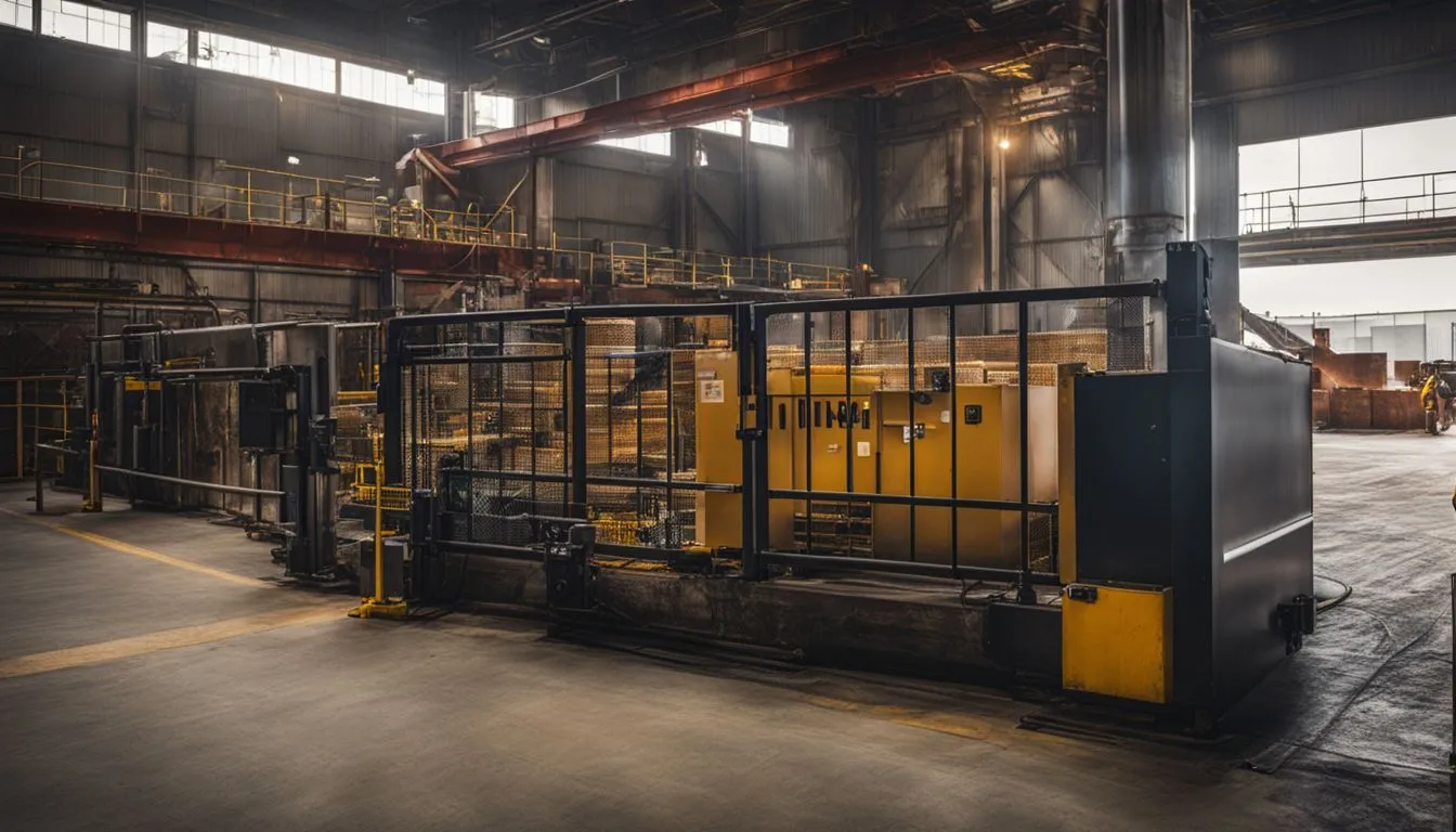 An interior view of a vast industrial factory floor featuring heavy machinery enclosed by black metal security fencing and yellow protective panels