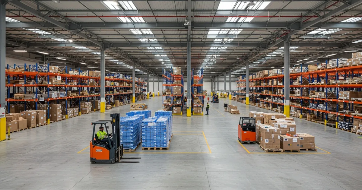 Large warehouse with forklifts and pallet racks