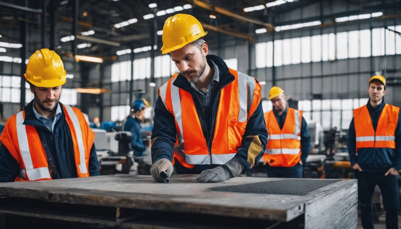 A team of workers in safety gear working in a factory.