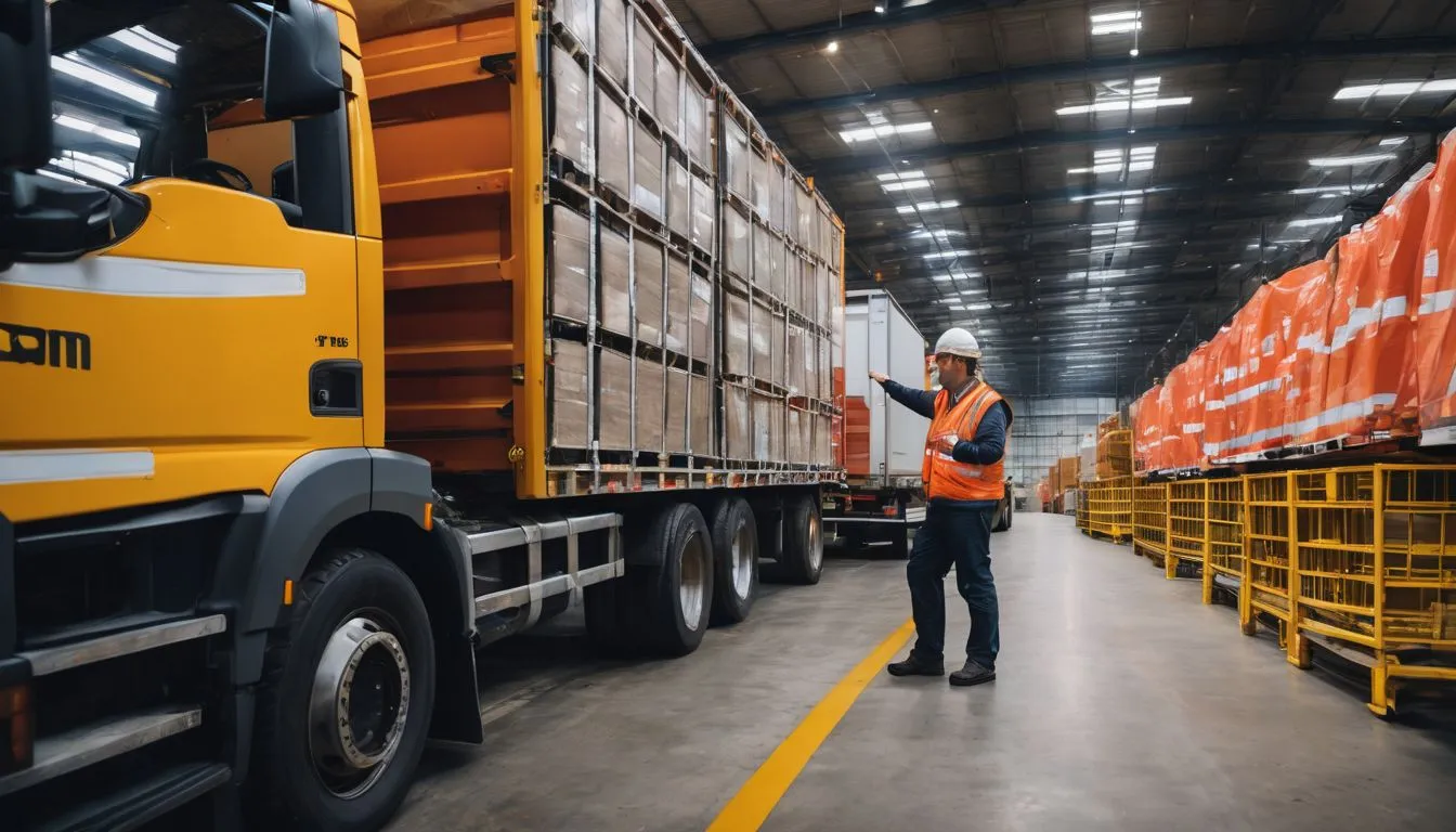 A truck driver checks safety barriers in a busy logistics warehouse.