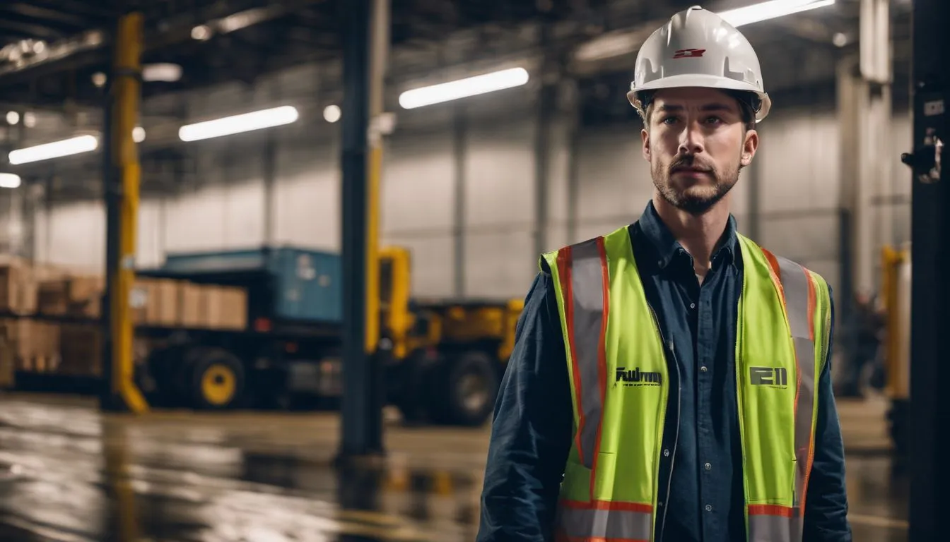 An industrial worker inspecting a loading dock in a bustling city.