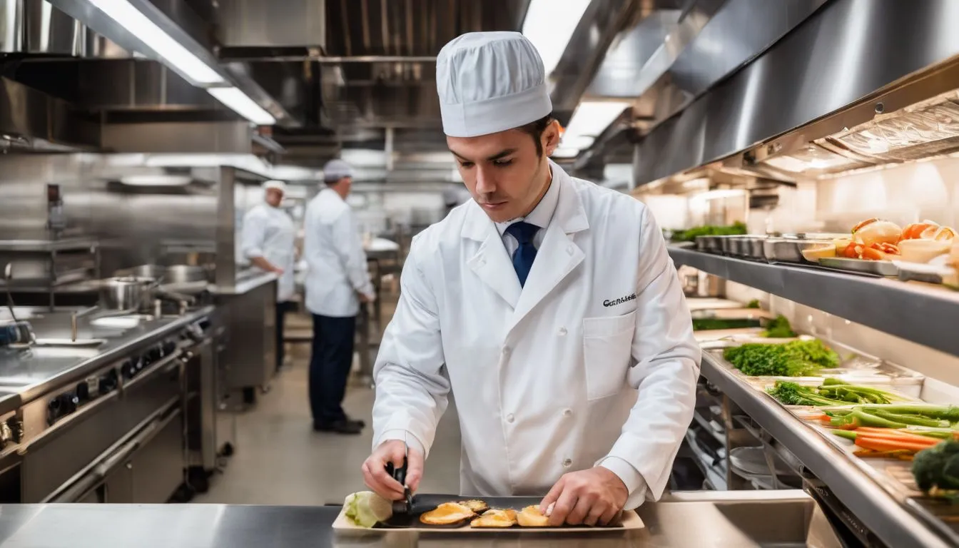 A food safety inspector inspecting a busy commercial kitchen.