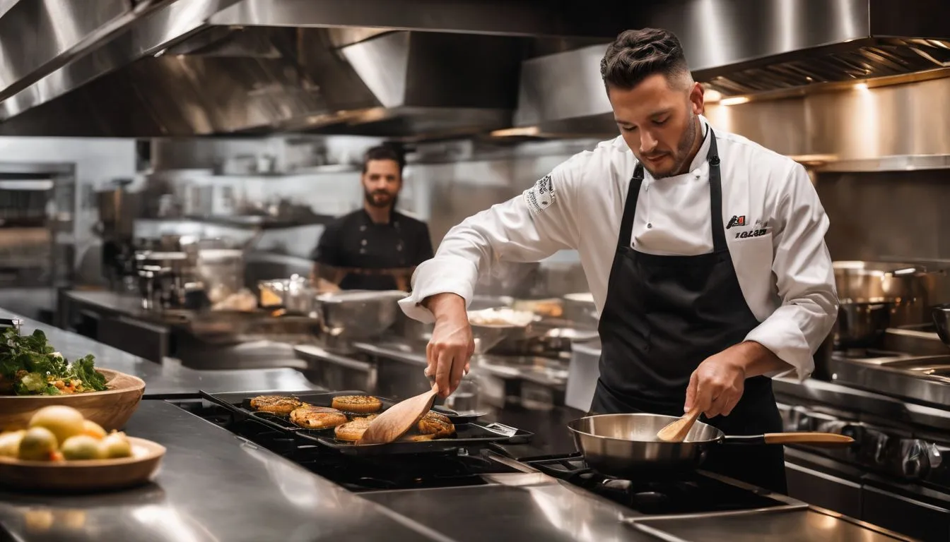 A chef cooking in a busy restaurant kitchen with custom barriers.