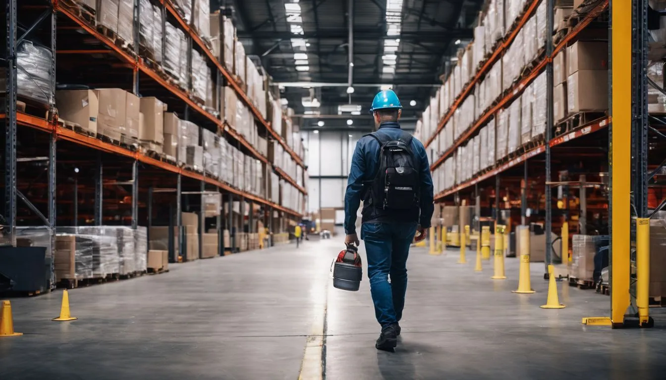 An industrial worker navigating through a bustling warehouse lined with safety barriers.