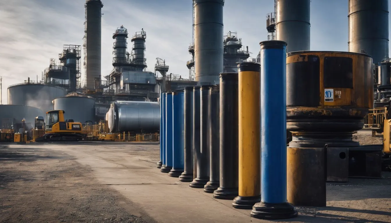 Heavy-duty bollards guarding a bustling industrial site in the city.