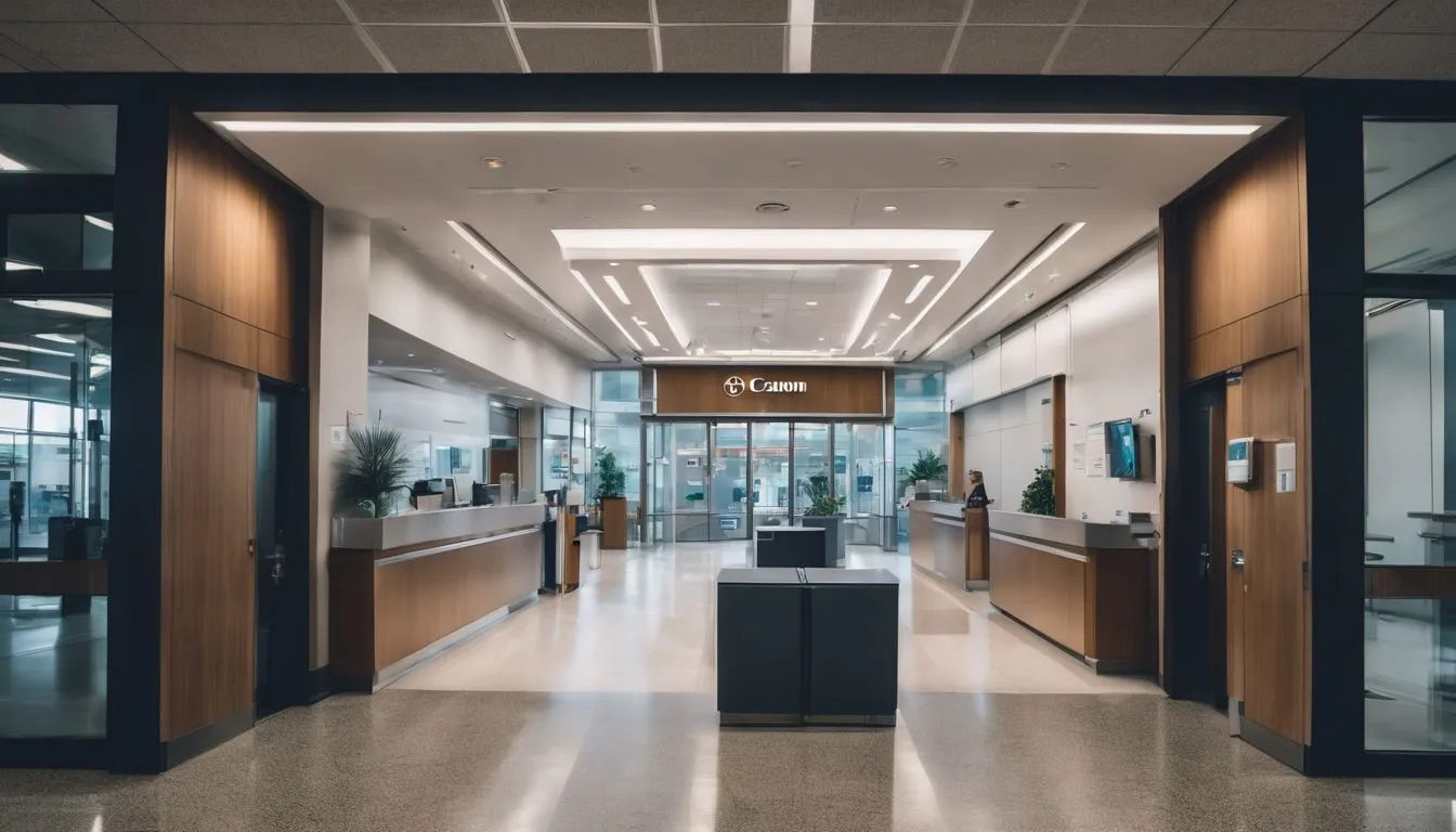 A modern hospital entrance with advanced security barriers and bustling atmosphere.