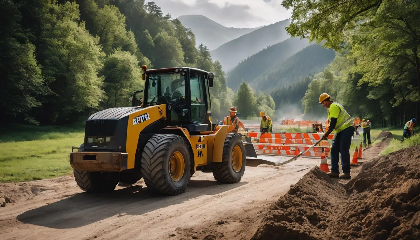 Construction workers installing eco-friendly road barriers in lush landscape.