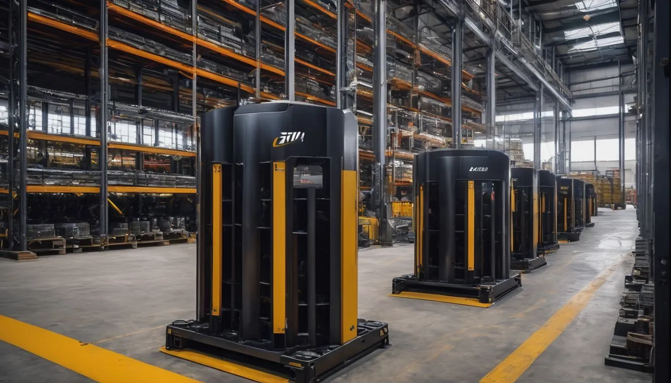 A row of sturdy column guards in a bustling warehouse.
