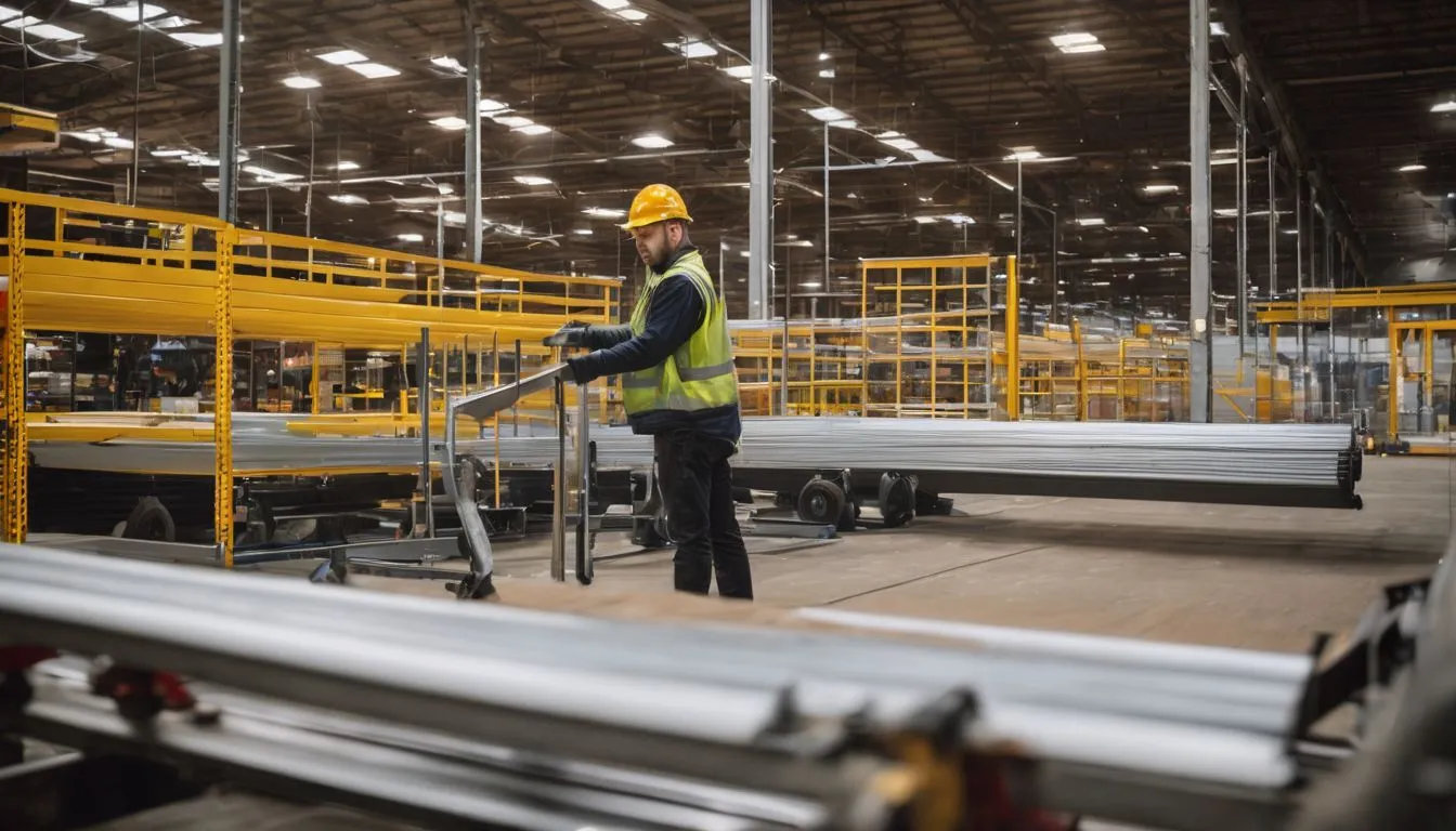 A worker installing safety barriers in a busy warehouse. A worker installing safety barriers in a busy warehouse.
