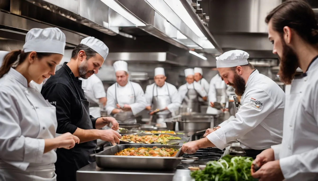 A diverse group of chefs practicing food safety protocols in a commercial kitchen.