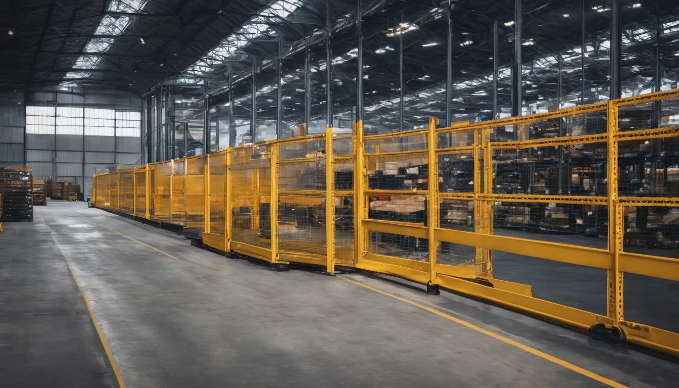 A sturdy metallic warehouse barrier in a bustling warehouse interior. A sturdy metallic warehouse barrier in a bustling warehouse interior.