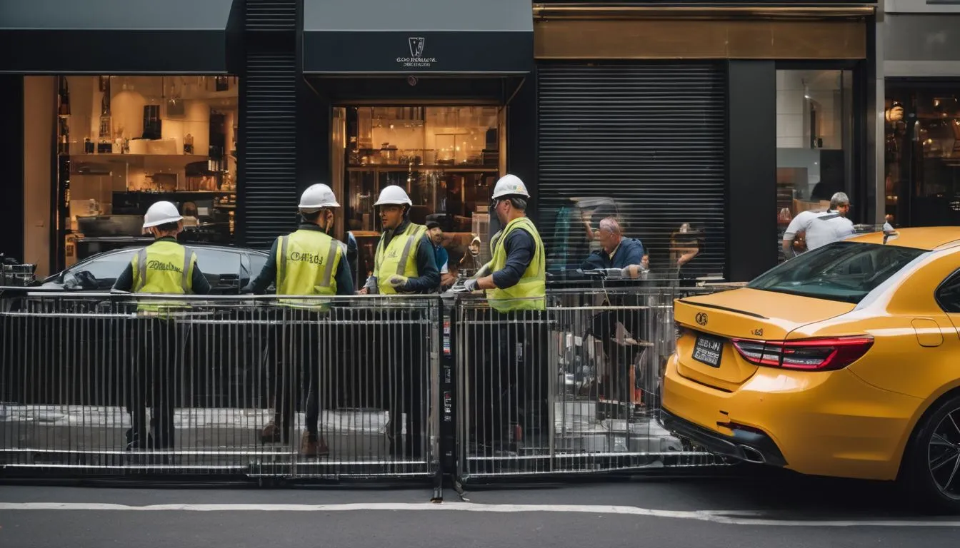 Workers installing metal barriers in front of a Sydney storefront.