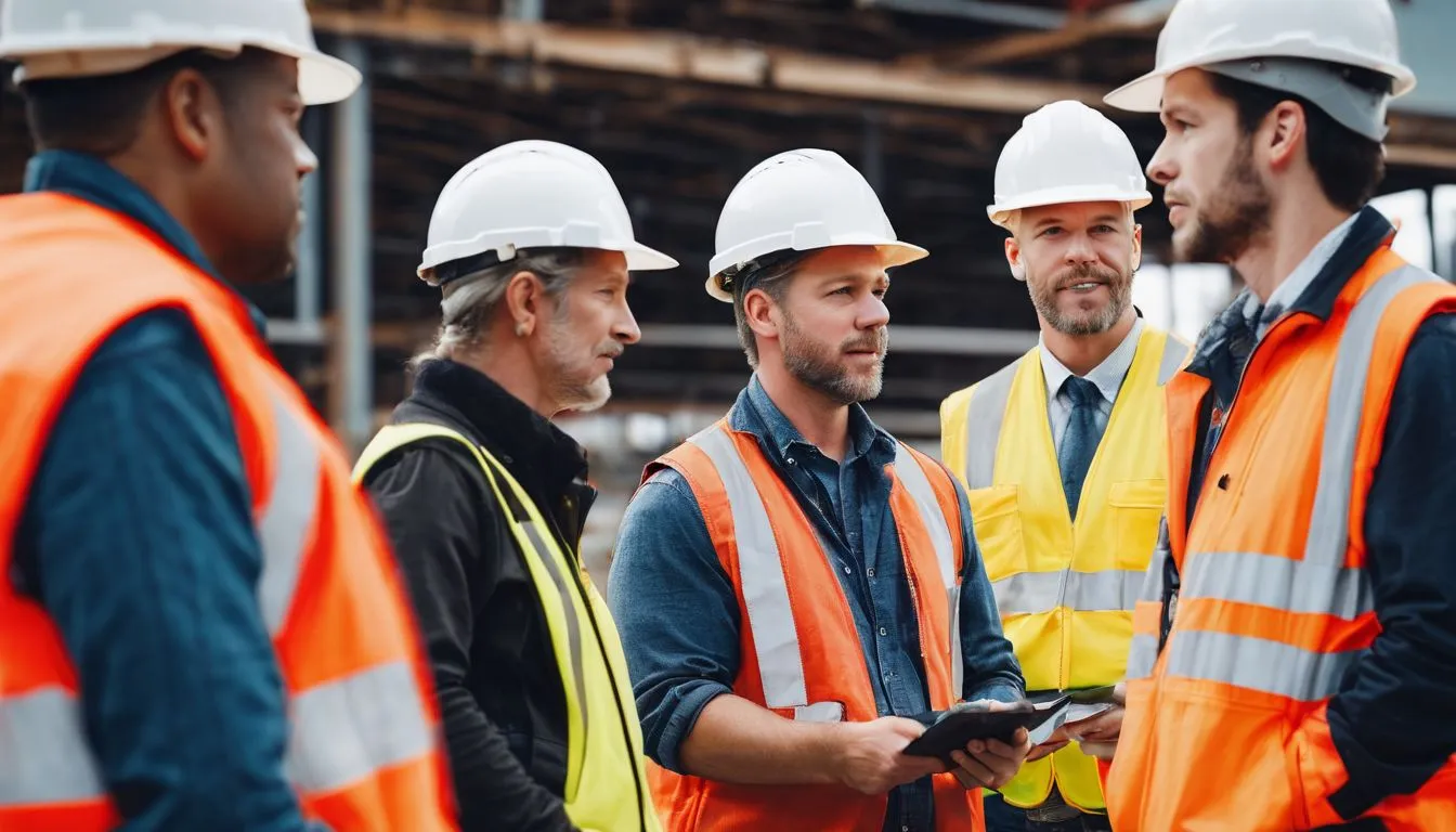 A group of workers in high-visibility gear discussing safety at a construction site.