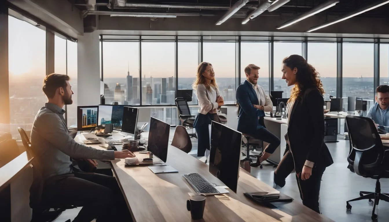A diverse team of professionals collaborating in a modern office space.