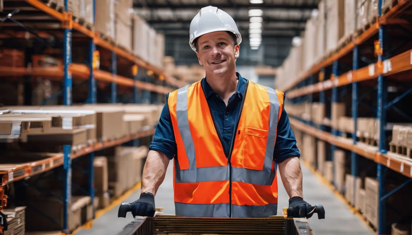 A warehouse worker installing safety barriers in a busy warehouse.