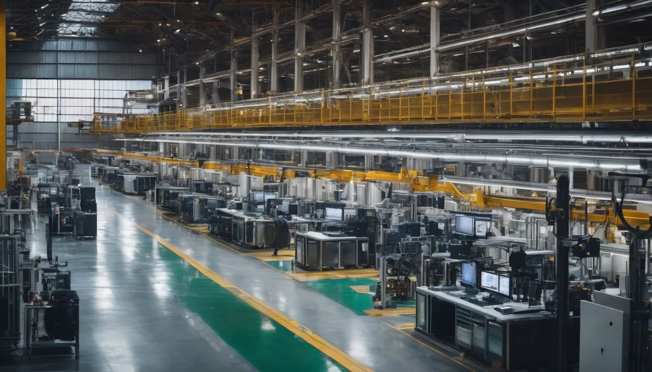 High-tech security cameras monitor industrial production lines in a bustling atmosphere.