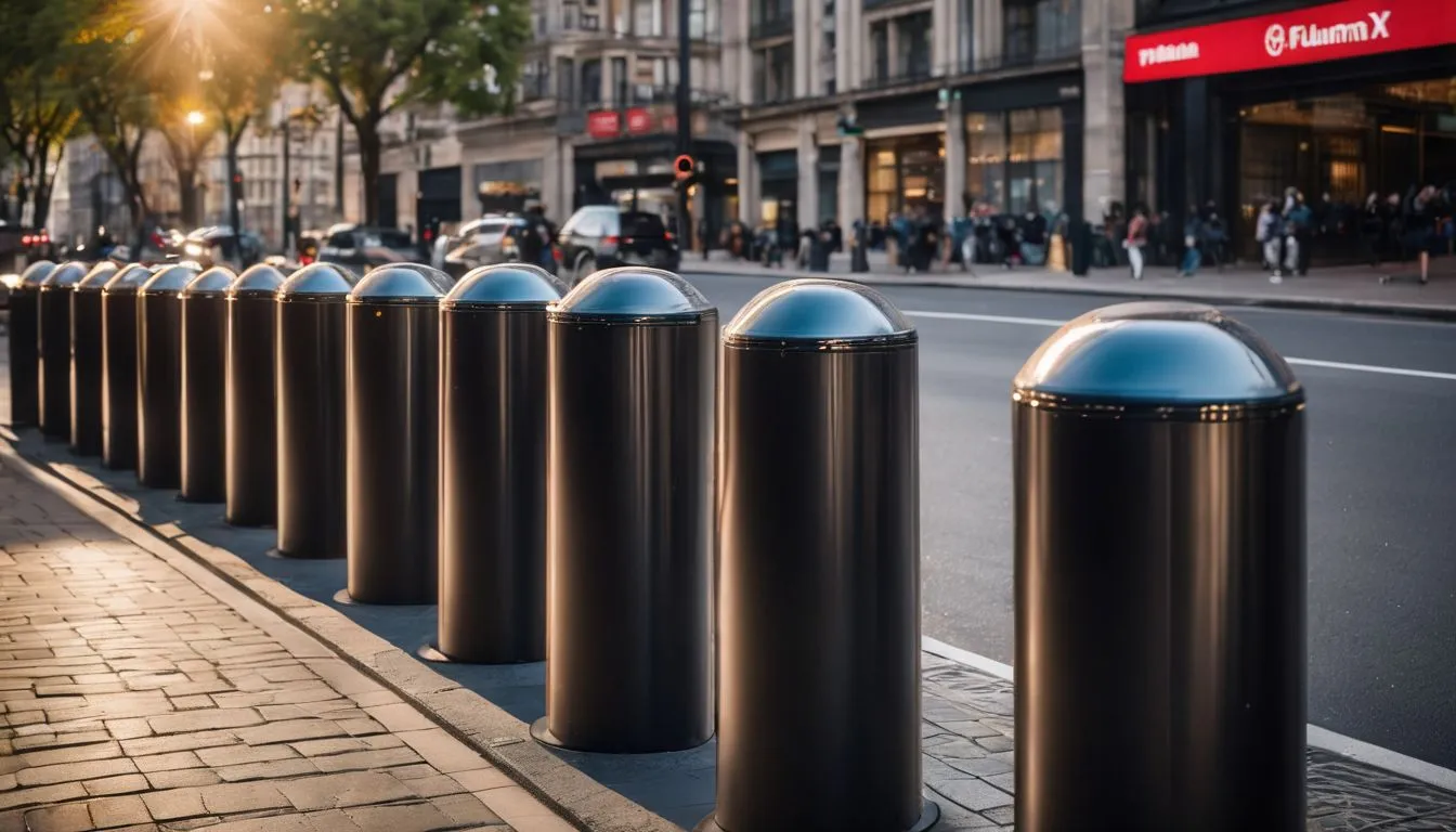 'High-quality bollards protect a busy city street in a vibrant cityscape.'