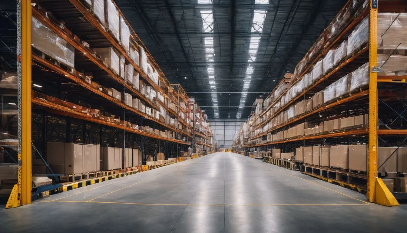 A safety barrier system installed in a busy warehouse.