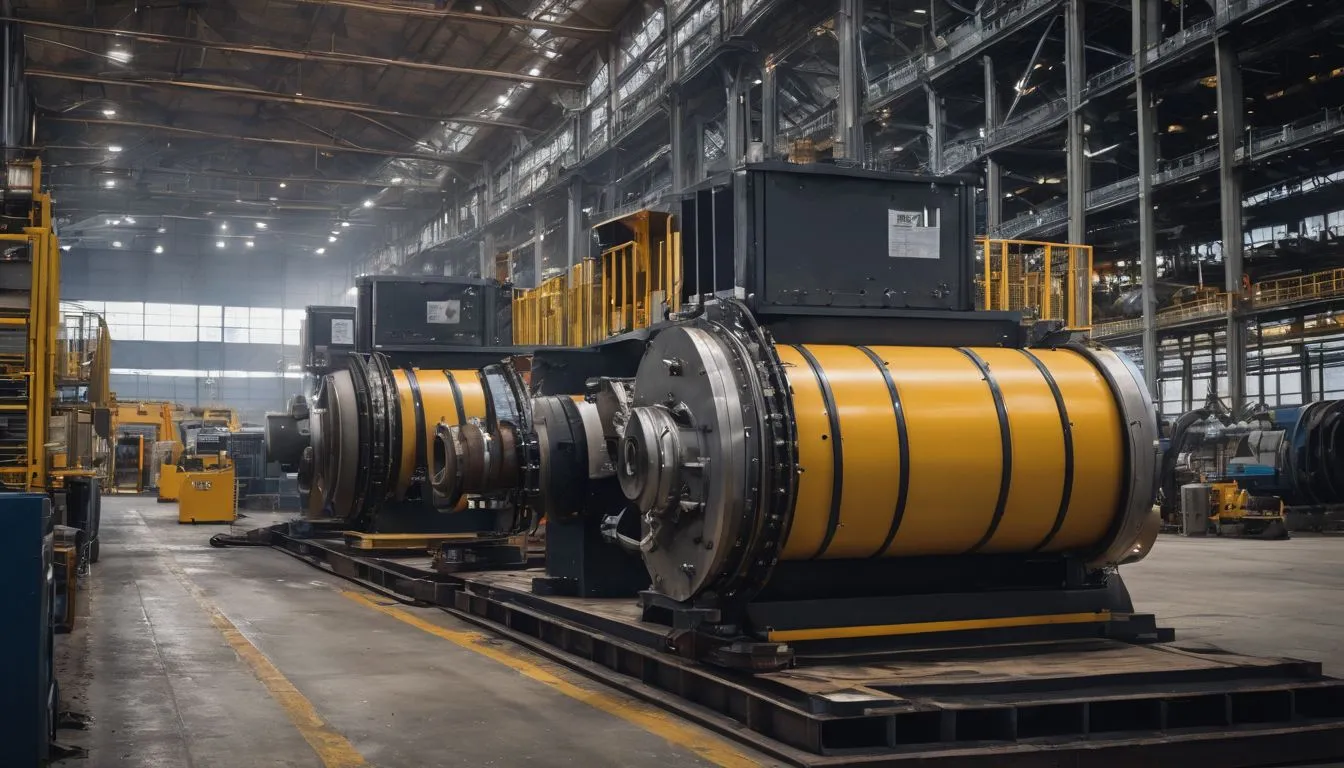 A heavy-duty column protector surrounded by industrial machinery with diverse workers.