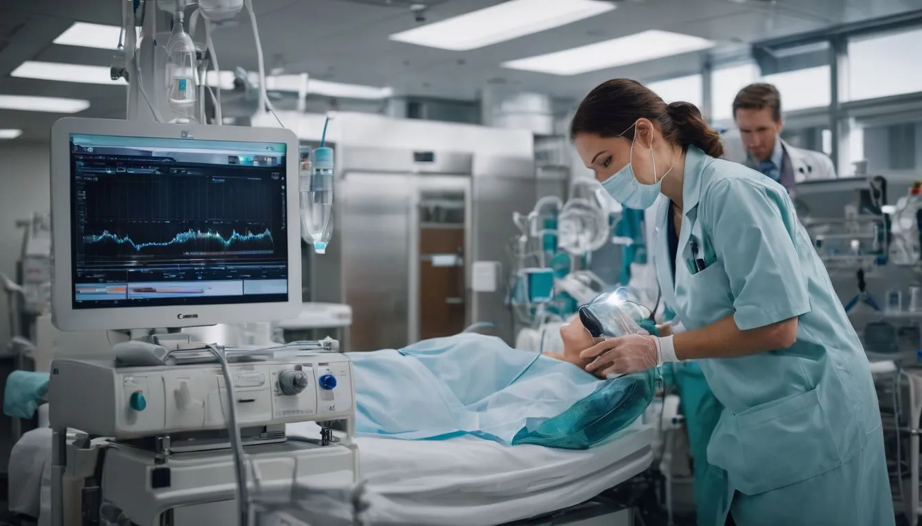 A medical practitioner confidently handles hospital safety equipment in a bustling setting.
