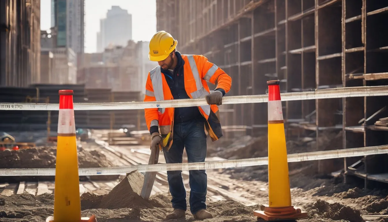 A construction worker installing safety barriers at a busy site.