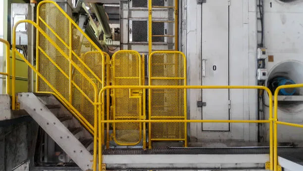Industrial facility with yellow safety railings and stairs