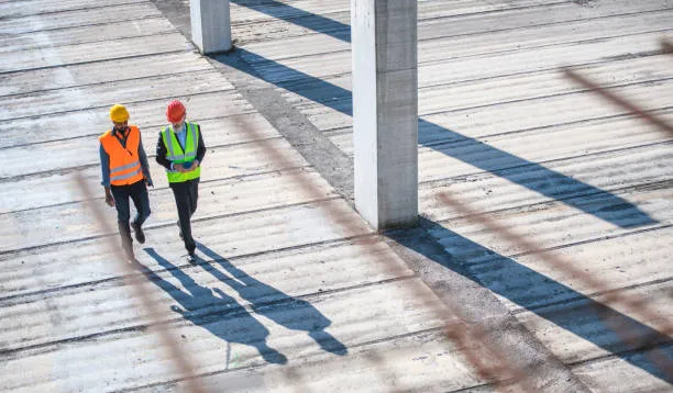 A high-angle view of two construction workers in safety vests and hard hats