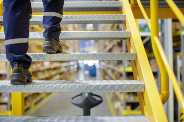 A low-angle, close-up view of a worker in safety boots and reflective trousers climbing metal tread stairs
