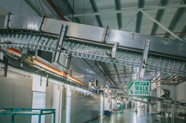 An overhead conveyor system transporting clear plastic bottles through a large industrial factory