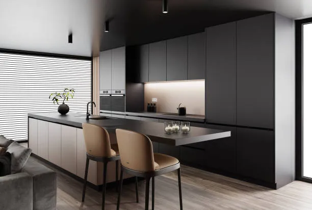 A minimalist, modern kitchen featuring sleek matte black cabinetry