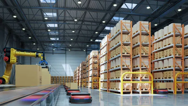 An interior view of a highly automated warehouse featuring yellow robotic arms sorting boxes onto a conveyor belt