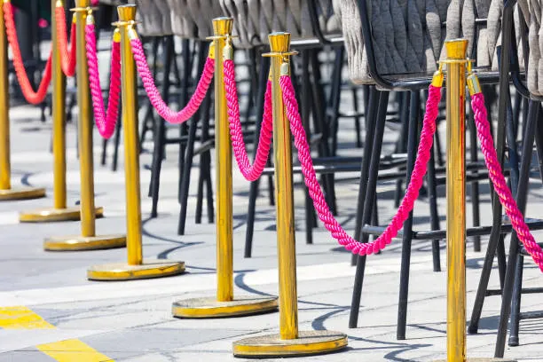 A row of elegant gold stanchions connected by vibrant pink braided ropes