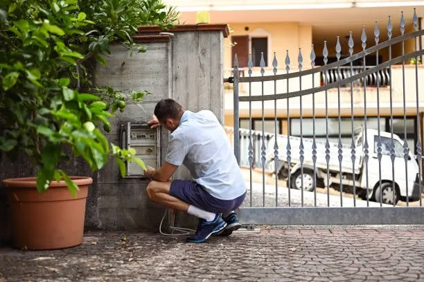 Man repairing intercom at residential gate
