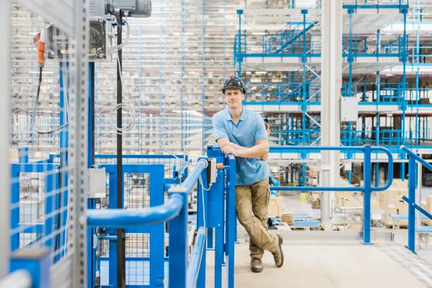 Factory worker in hard hat inside industrial plant