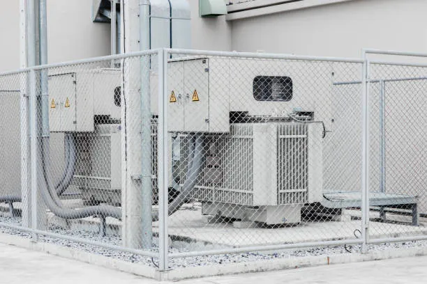 An outdoor electrical substation featuring large grey transformers and control boxes enclosed by a chain-link safety fence on a concrete pad.