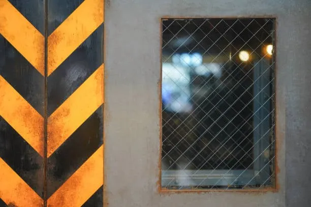 A close-up of a heavy industrial door featuring a wire-reinforced glass window and a yellow and black hazard stripe pattern on the left side.