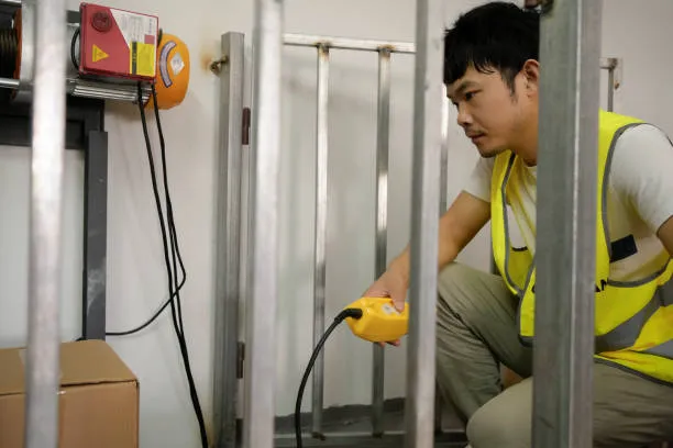 A warehouse worker in a high-visibility vest crouching behind a metal safety gate while operating a yellow handheld remote control for an electric hoist system.