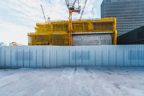 A high-angle view of an urban construction site enclosed by a corrugated metal perimeter fence