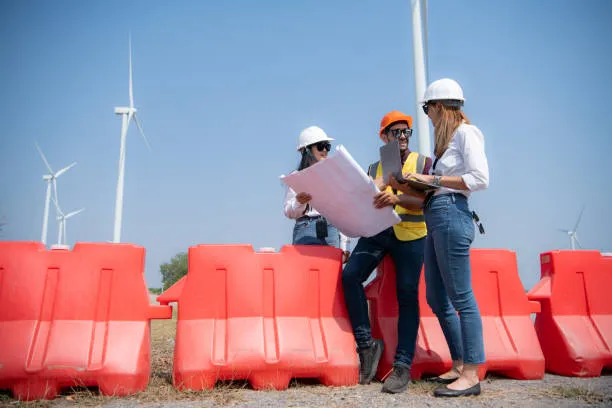 Three engineers in hard hats and safety gear discussing blueprints and a laptop behind a row of red plastic water-filled traffic barriers at a wind turbine farm.