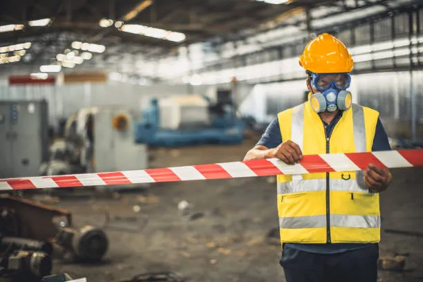 A factory worker wearing a yellow hard hat, safety goggles, a respirator mask, and a high-visibility vest