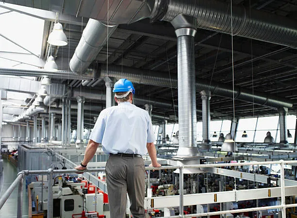 An elevated, rear view of an engineer wearing a blue hard hat and safety gear